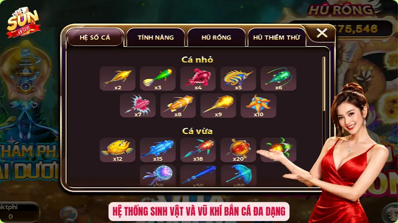 Bắn Cá Đổi Thưởng Sunwin – Chinh Phục Đại Dương Rinh Jackpot 3 Hệ thống sinh vật và vũ khí bắn cá đa dạng
