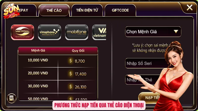 Nạp Tiền Sunwin - Bí Quyết Kích Hoạt Vốn Ngay Tức Thì 5 Phương thức nạp tiền qua thẻ cào điện thoại